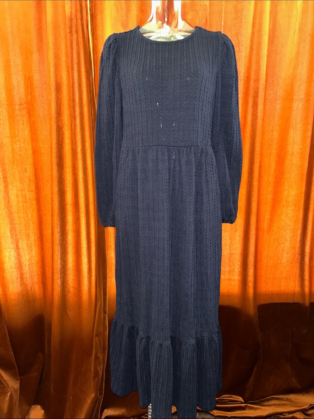 Textured Navy Long-Sleeve Maxi Dress